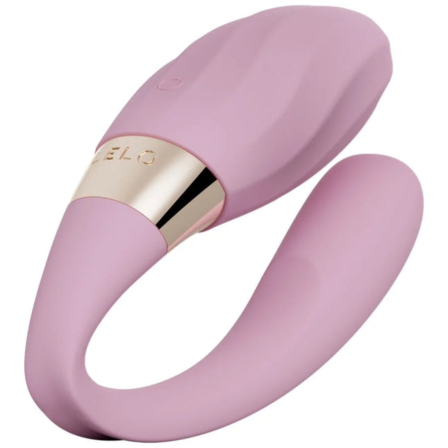 Pink silikon paarvibrator mit goldfarbenem metallband und der eingravierten marke elo von LELO TIANI TWIST