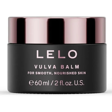 Schwarzer zylindrischer lelo vulva balsam mit roségoldenem deckel für empfindliche haut und langanhaltende feuchtigkeit