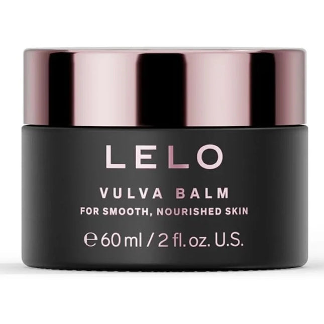 Schwarzer zylindrischer lelo vulva balsam mit roségoldenem deckel für empfindliche haut und langanhaltende feuchtigkeit