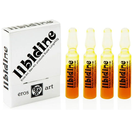 Weiße box mit vier amberfarbenen libidine ampullen zur steigerung von libido und vitalität mit vitamin b12 und ginkgo biloba