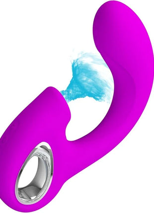 Lila sibel duale stimulation toy in vibrant purple silicone with silver ring and blue water spray effect