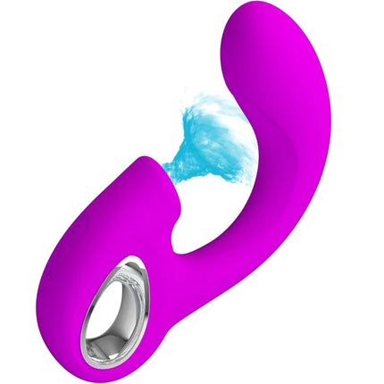 Lila sibel duale stimulation toy in vibrant purple silicone with silver ring and blue water spray effect