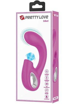 Rosa silikon vibrator pink von Pretty Love mit gebogenem design, blau leuchtender spitze und silbernem ring für duale stimulation