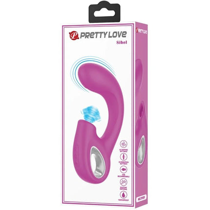 Rosa silikon vibrator pink von Pretty Love mit gebogenem design, blau leuchtender spitze und silbernem ring für duale stimulation