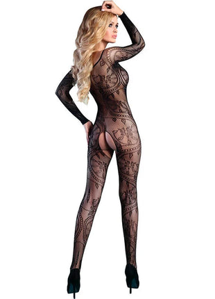 Schwarzer spitzenbodystocking von livco corsetti fashion mit floralen mustern und langen ärmeln, einheitsgröße