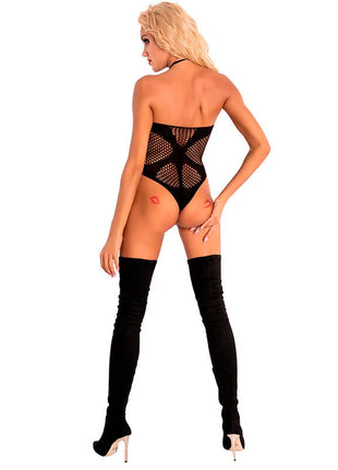 Schwarzer mesh bodysuit mit korsett-stil rückseite und schwarzen oberschenkelhohen stiefeln von livco corsetti fashion