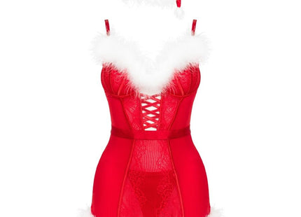 Rote santa-inspirierte lingerie set mit spitze, weißem kunstpelzbesatz und passender mütze von livco corsetti fashion