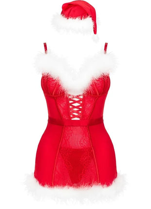 Rote santa-inspirierte lingerie set mit spitze, weißem kunstpelzbesatz und passender mütze von livco corsetti fashion