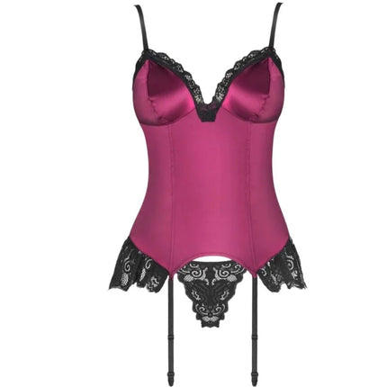 Fuchsia satin korsett mit schwarzer spitzenverzierung und strapshaltern von livco corsetti fashion