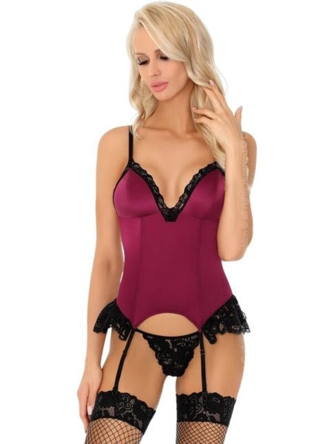 Maroon satin bodysuit with black lace trim and matching garter belt from livco corsetti fashion agrafena cf 90436