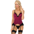 Maroon satin bodysuit with black lace trim and matching garter belt from livco corsetti fashion agrafena cf 90436