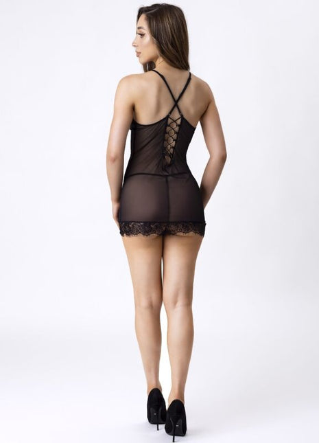 Schwarzer transparenter spitzenbodysuit von livco corsetti mit gekreuzten trägern am rücken und feiner spitzensaum
