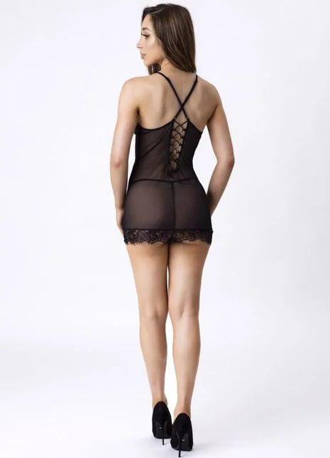 Schwarzer transparenter spitzenbodysuit von livco corsetti mit gekreuzten trägern am rücken und feiner spitzensaum