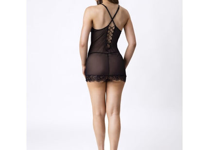 Schwarzer transparenter lace-body mit gekreuzten rückenriemen und zarter spitzenkante von livco corsetti fashion