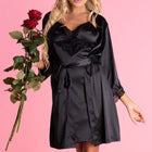 Schwarzer satinkleid mit spitzensaum und passendem gürtel von livco corsetti fashion ariladyen lc 90568 in l xl