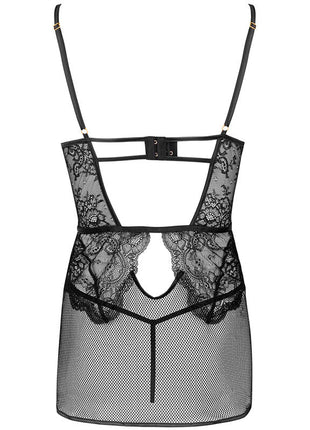 Schwarzer black lace und mesh bodysuit von livco corsetti fashion mit dünnen trägern und zentralem verschluss