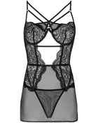 Schwarzes lace bodysuit von livco corsetti fashion mit floralen mustern, transparenten mesh-panels und gekreuzten trägern