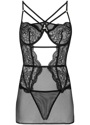 Schwarzes lace bodysuit von livco corsetti fashion mit floralen mustern, transparenten mesh-panels und gekreuzten trägern