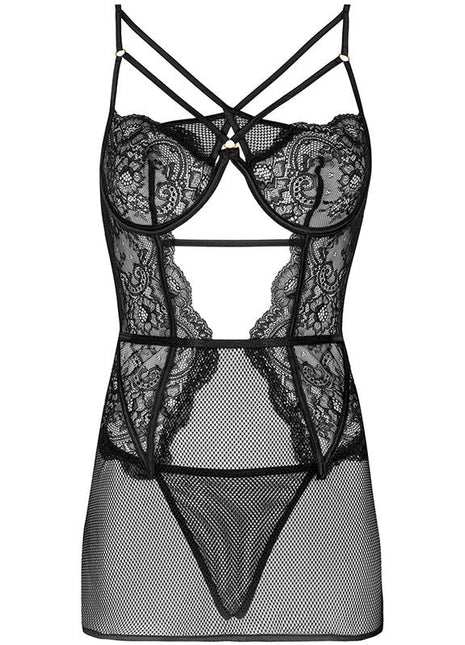 Schwarzes lace bodysuit von livco corsetti fashion mit floralen mustern, transparenten mesh-panels und gekreuzten trägern