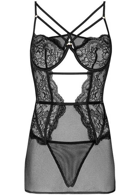 Schwarzes lace bodysuit von livco corsetti fashion mit floralen mustern, transparenten mesh-panels und gekreuzten trägern