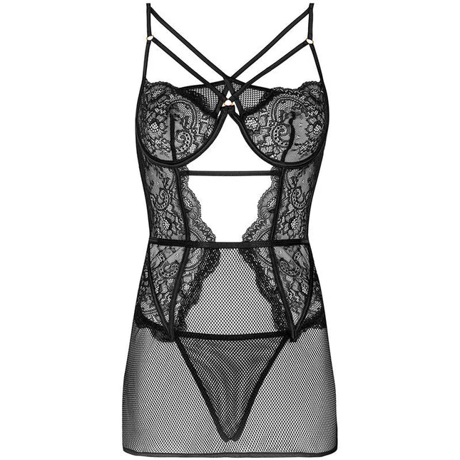 Schwarzes lace bodysuit von livco corsetti fashion mit floralen mustern, transparenten mesh-panels und gekreuzten trägern