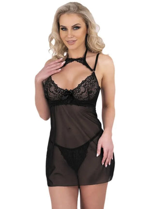 Schwarzes spitzen- und blickdichtes mesh-babydoll mit neckholder und rückenriemen von livco corsetti fashion