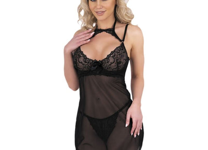 Schwarzes livco corsetti fashion binella set babydoll und tanga aus spitze und transparentem mesh mit neckholder und rückenriemen