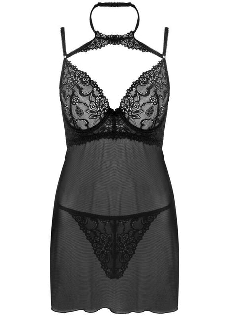 Schwarzes spitzen-halter-negligé mit durchsichtigem mesh und filigranen floralen mustern von livco corsetti fashion