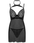 Schwarzes spitzen-halter-negligé mit durchsichtigem mesh und filigranen floralen mustern von livco corsetti fashion