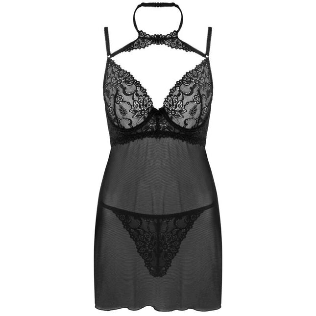 Schwarzes spitzen-halter-negligé mit durchsichtigem mesh und filigranen floralen mustern von livco corsetti fashion