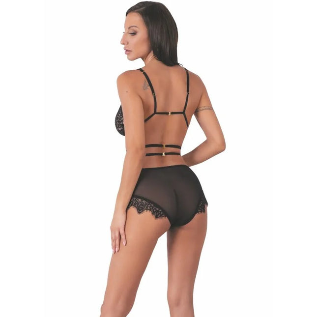 Schwarzes lingerieset von livco corsetti fashion mit spitze, transparentem mesh und goldfarbenen accessoires