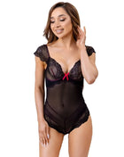 LIVCO CORSETTI FASHION Evelyn LC 20243 schwarzer Body aus Spitze mit transparenten Einsätzen und roter Schleife