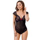 LIVCO CORSETTI FASHION Evelyn LC 20243 schwarzer Body aus Spitze mit transparenten Einsätzen und roter Schleife