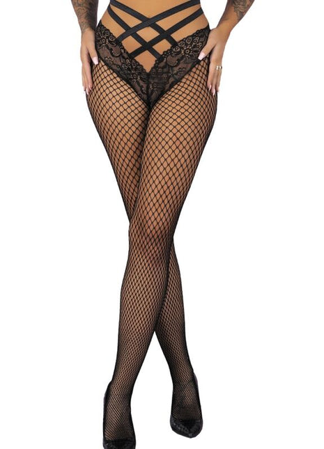 Schwarze fahnenstrumpfhose livco corsetti fashion faxandra lc90742 mit spitzenbund und netzmaterial in lxl