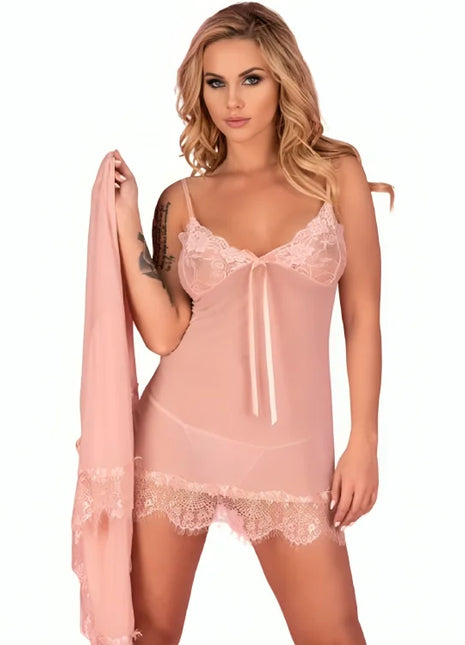 Rosafarbenes transparentes nightgown mit spitze und passendem schal von livco corsetti fashion für elegante nächte