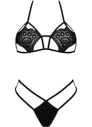 Schwarzes lace und mesh lingerie set von livco corsetti fashion mit dünnen trägern und tiefem ausschnitt