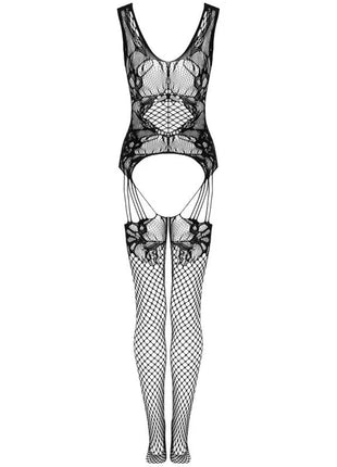 Schwarzer livco corsetti fashion julove bodystocking aus spitze mit fischernetz und floralem muster