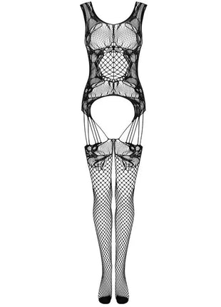 Schwarzes fishnet bodystocking mit filigranen spitzenakzenten von livco corsetti fashion eine größe