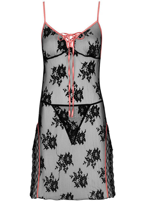Sheer schwarzes spitzen-nachthemd von livco corsetti fashion mit pinken spaghetti-trägern und passenden bindedetails