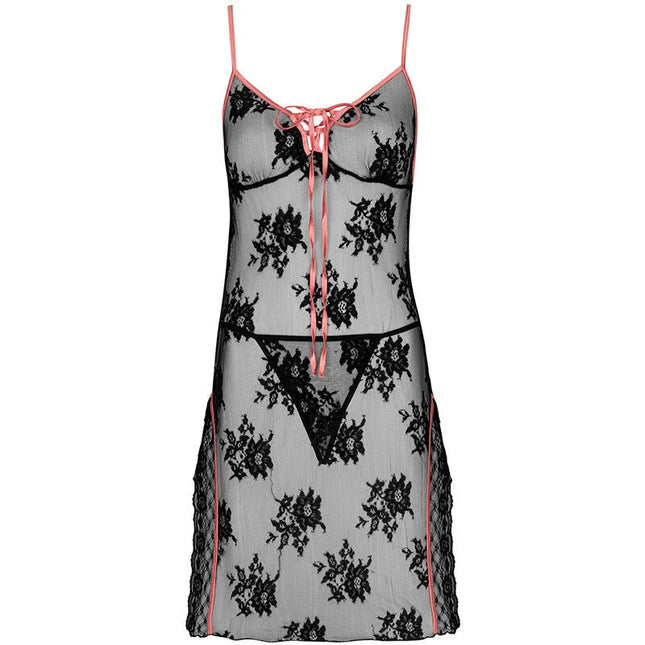Sheer schwarzes spitzen-nachthemd von livco corsetti fashion mit pinken spaghetti-trägern und passenden bindedetails