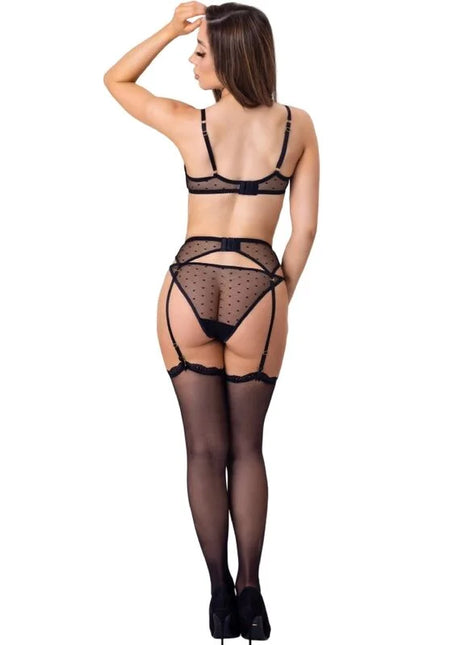 Schwarzes durchsichtiges Polka-Pünktchen-Lingerie-Set mit Spitzenbesatz und verstellbaren Trägern.