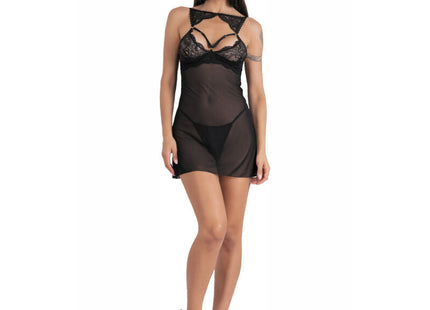 Schwarzer lace bodysuit mit durchsichtigem mesh overlay und kreuzhalsdesign von Livco Corsetti Fashion
