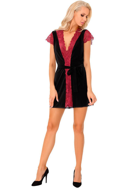 Schwarzer samtbademantel mit roten spitzenbesatz und kurzen ärmeln von livco corsetti fashion kumiko lc 90428