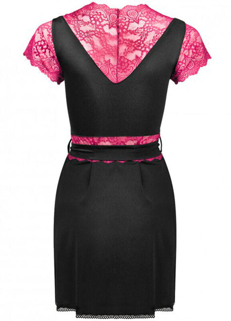Schwarzes satin kleid von livco corsetti fashion mit pinker spitze am rücken, ärmeln und taillenbund l/xl