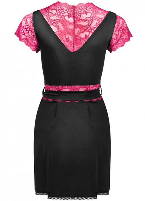 Schwarzes satin kleid von livco corsetti fashion mit pinker spitze am rücken, ärmeln und taillenbund l/xl