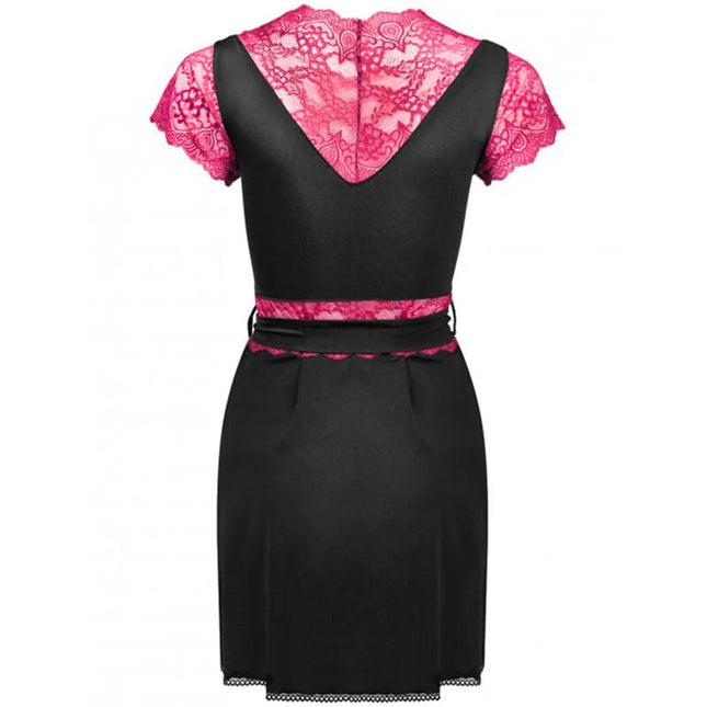 Schwarzes satin kleid von livco corsetti fashion mit pinker spitze am rücken, ärmeln und taillenbund l/xl