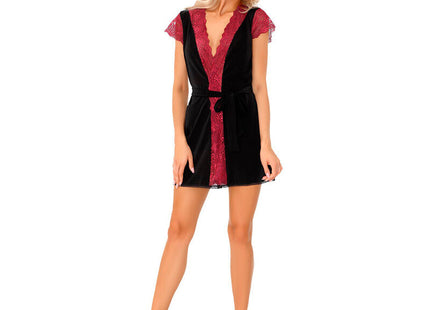 Schwarzer samtbademantel mit roten spitzenbesatz und kurzen ärmeln von livco corsetti fashion kumiko lc 90428