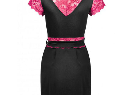 Schwarzes satin kleid von livco corsetti fashion mit pinker spitze am rücken, ärmeln und taillenbund l/xl