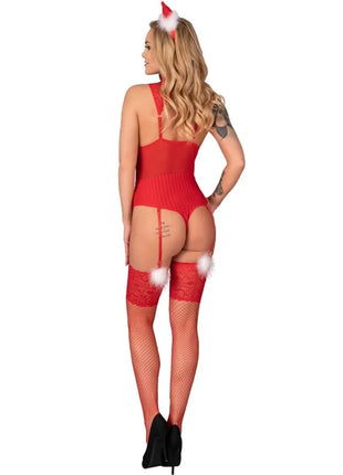 Roter santa-bodysuit von livco corsetti fashion mit spitzenbesatz und weißen pelzakzenten für weihnachten