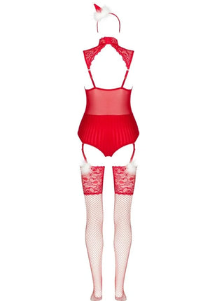 Roter lace santa bodysuit mit mesh Einsätzen und passenden netzstrümpfen von livco corsetti fashion